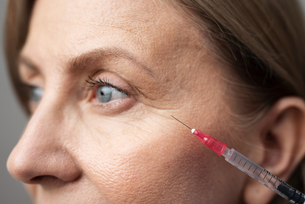 Femme recevant une injection sous l'œil pour un lifting